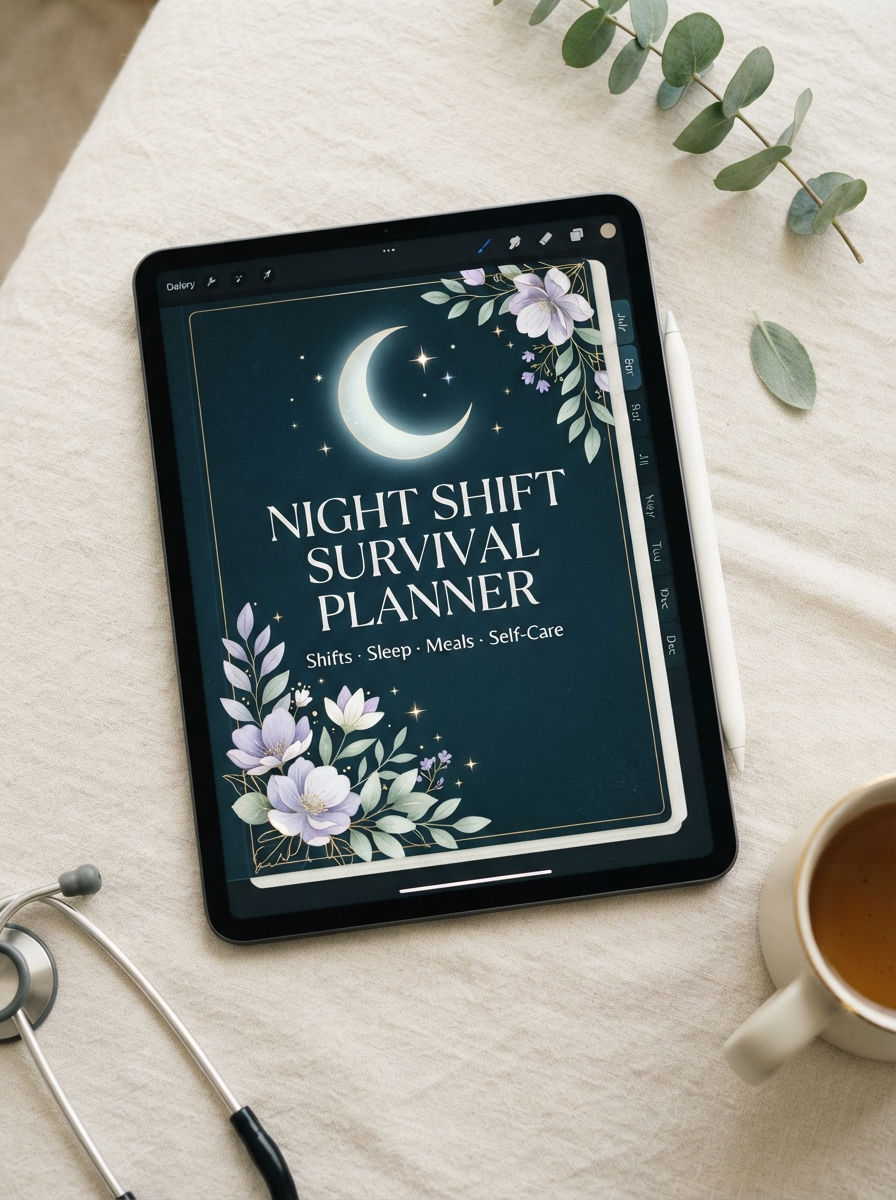 iPad mockup showing the Night Shift Survival Planner cover in midnight teal with moon icon