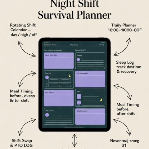 Infographic explaining each section of the Night Shift Survival Planner: shift calendar, daily planner, sleep log, meal timing, shift swap log, self-care tracker