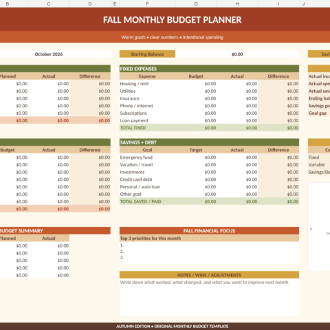 Fall Monthly Budget Planner