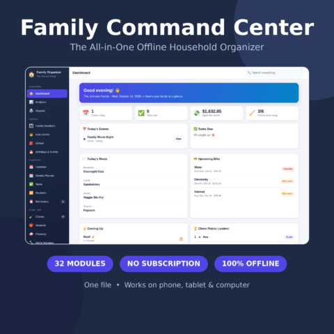 Family Command Center: All-in-One Offline Household Organizer — 32 Modules, Single HTML File