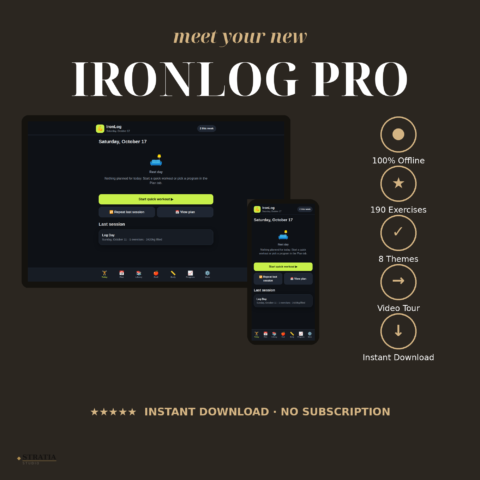 IronLog Pro — Offline Workout Tracker: 190 Exercises, Muscle Map, Nutrition & Readiness Score