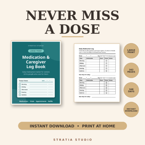 Medication & Caregiver Log Book — Large Print (Printable PDF)