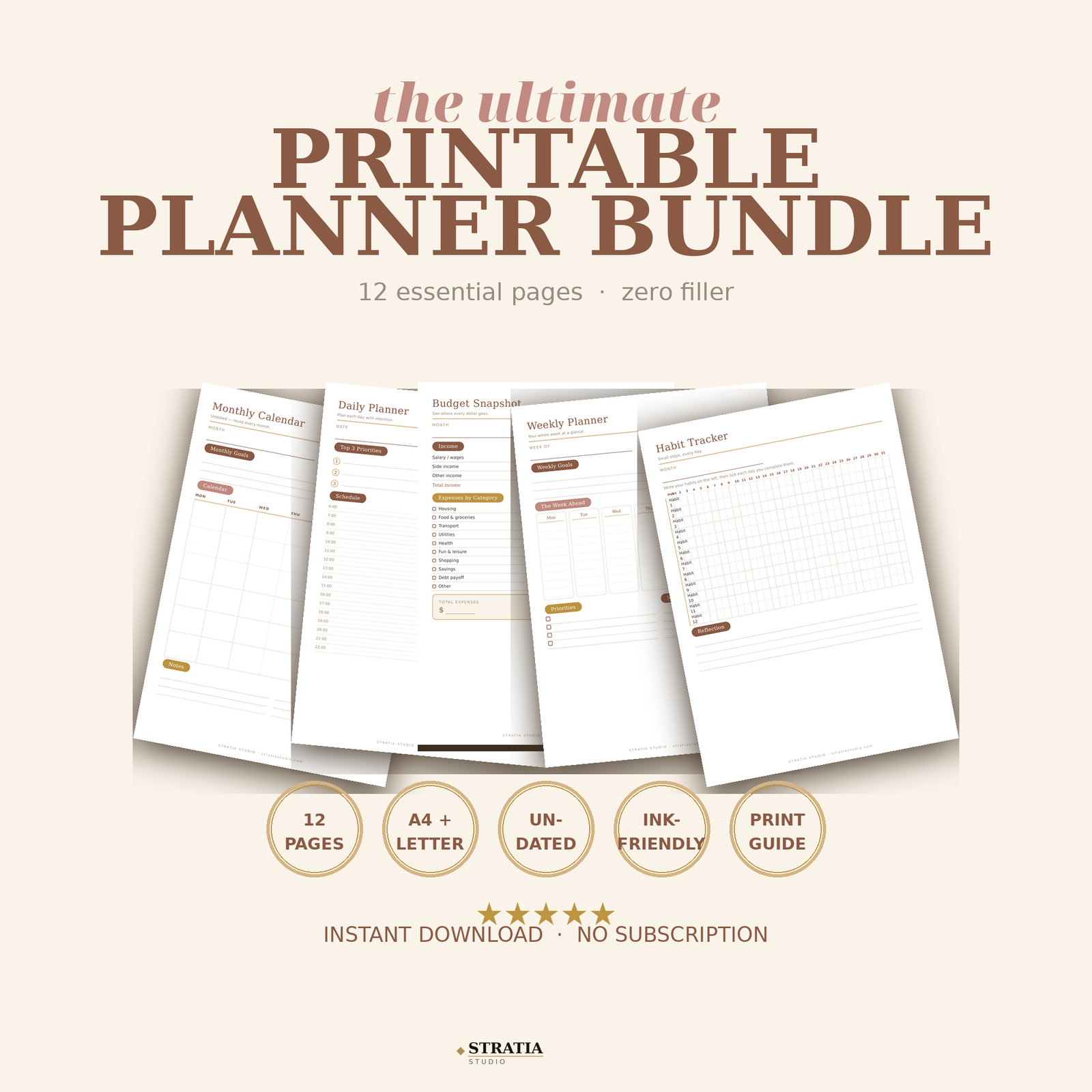 Printable Planner Bundle: 12 Undated Pages — Daily, Weekly, Monthly, Budget & Habit Tracker