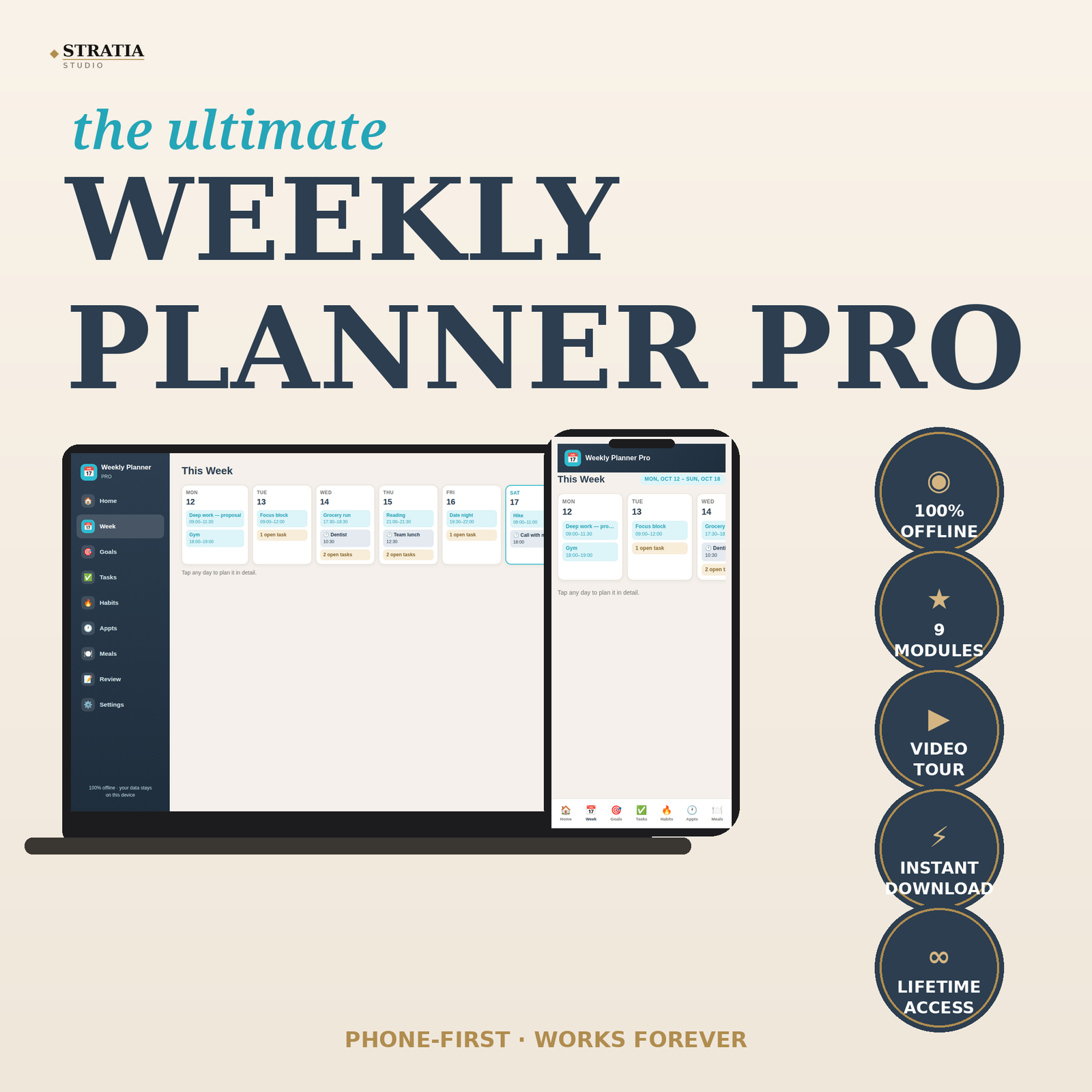 Weekly Planner Pro: Week-at-a-Glance Digital Planner + Meal Planner | Phone-First, 100% Offline